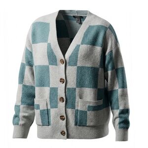 FOREVER 21 Women’s Knit Sweater Size M Button-down Blue Cardigan Plaid